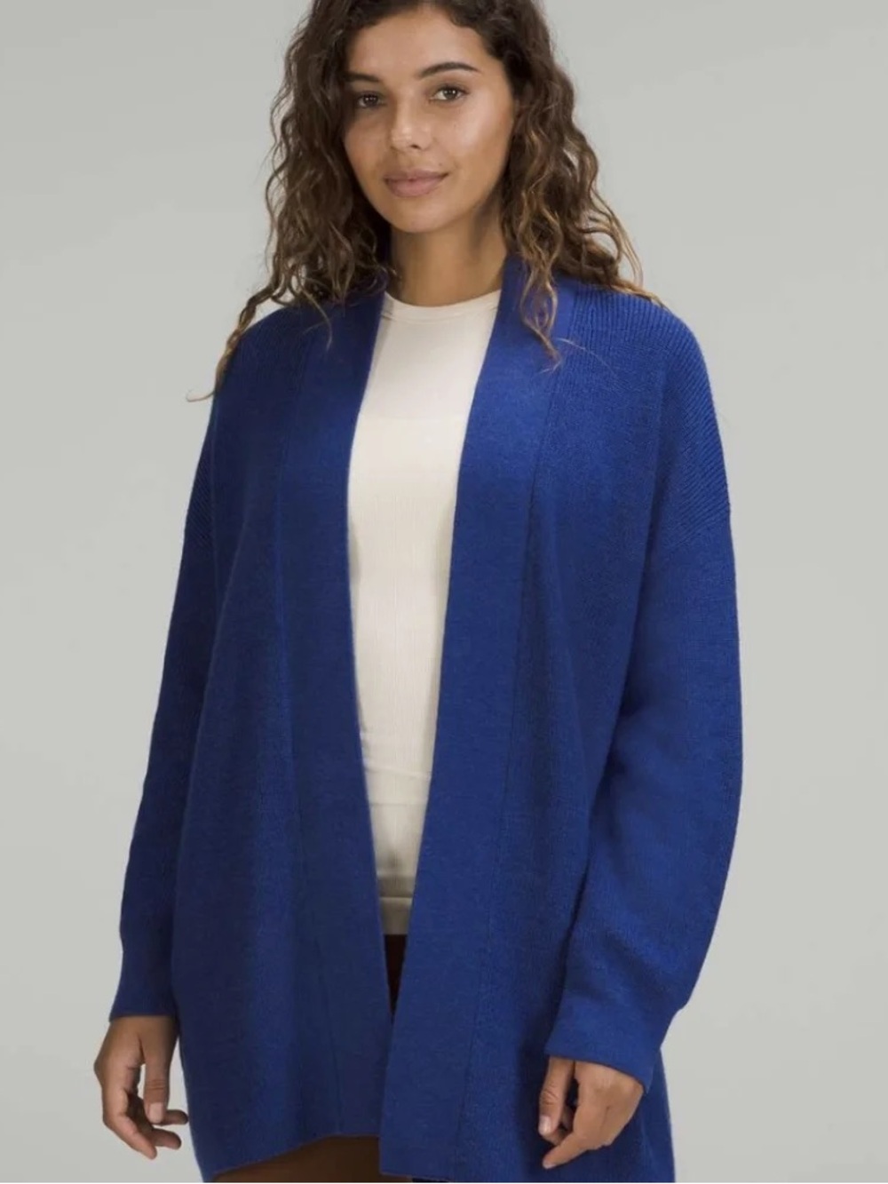 Lululemon merino wool-blend ribbed Blue Knit long wrap sweater